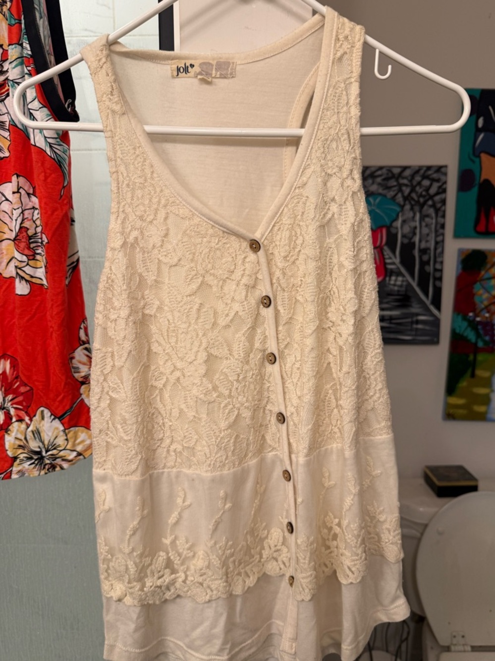Jolt Ivory Lace Button-Front Sleeveless Blouse